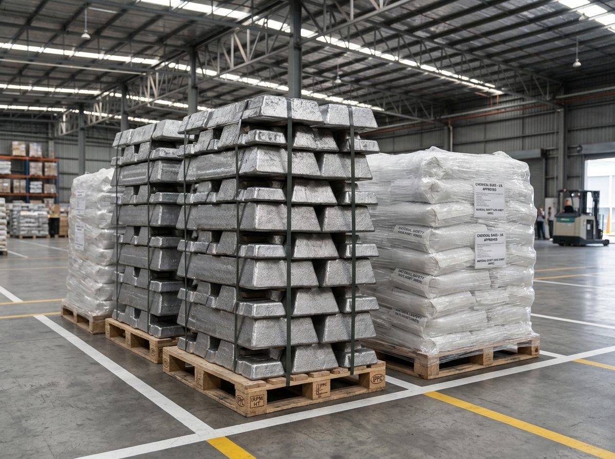 Palletized industrial zinc ingots and chemical bags in export warehouse facility